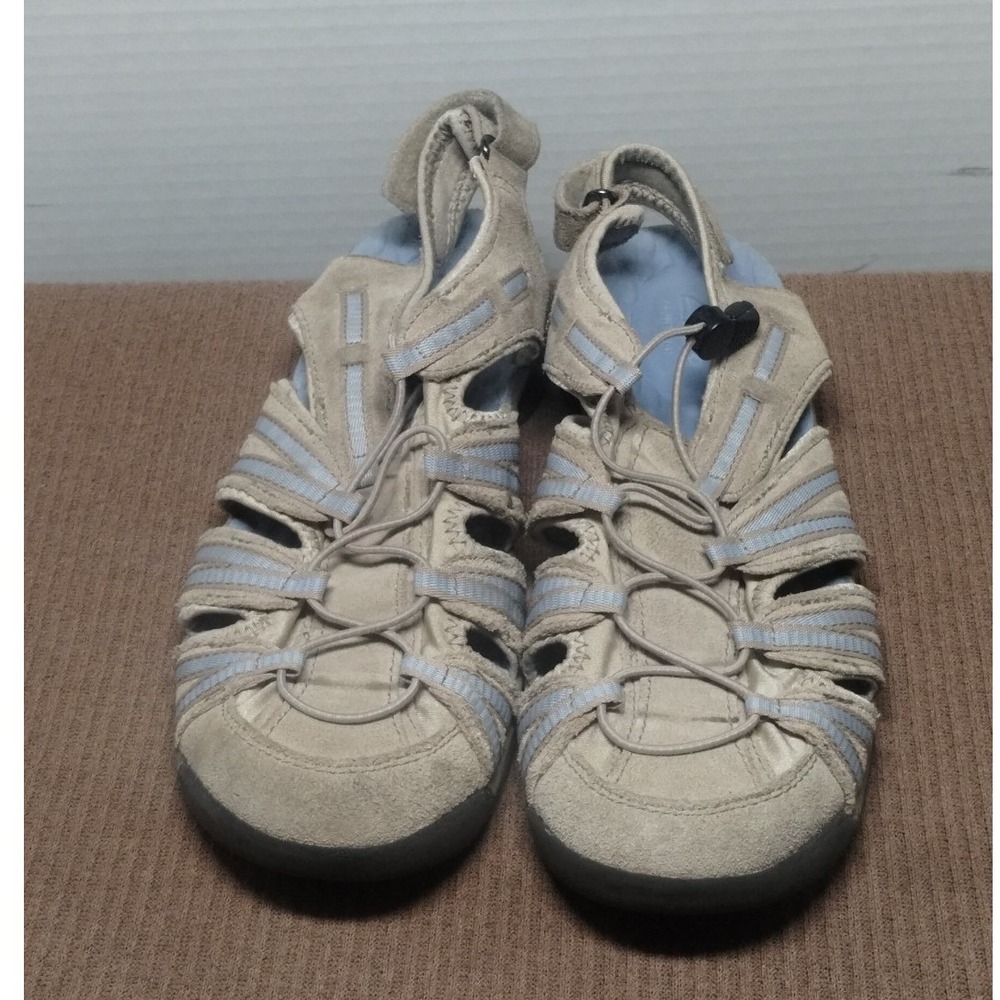 Clarks Womens Beige Suede Bungee Cord Fisherman Sandals Blue Accents Size 9